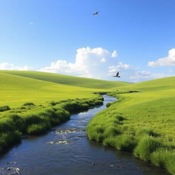 A serene landscape featuring a clear blue sky, lush green meadows, and a gently flowing river