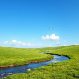 A serene landscape featuring a clear blue sky, lush green meadows, and a gently flowing river