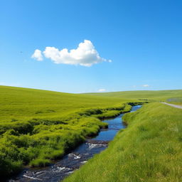 A serene landscape featuring a clear blue sky, lush green meadows, and a gently flowing river