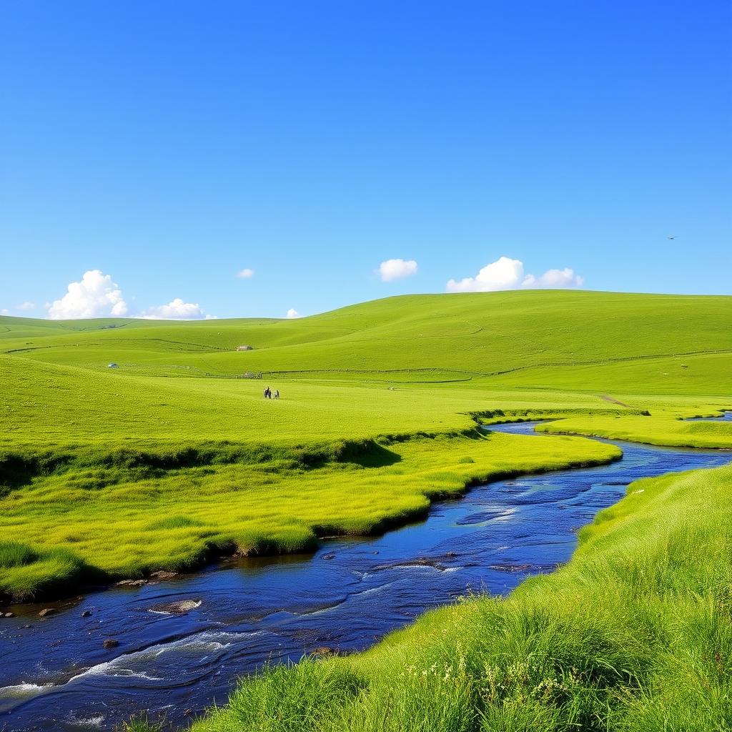 A serene landscape featuring a clear blue sky, lush green meadows, and a gently flowing river