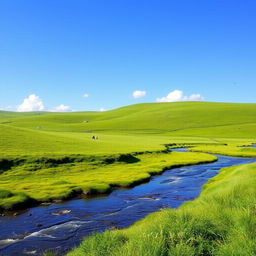 A serene landscape featuring a clear blue sky, lush green meadows, and a gently flowing river