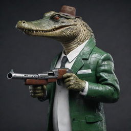 Ultra realistic crocodile exuding gangster vibes, firmly gripping a classic, vintage submachine gun