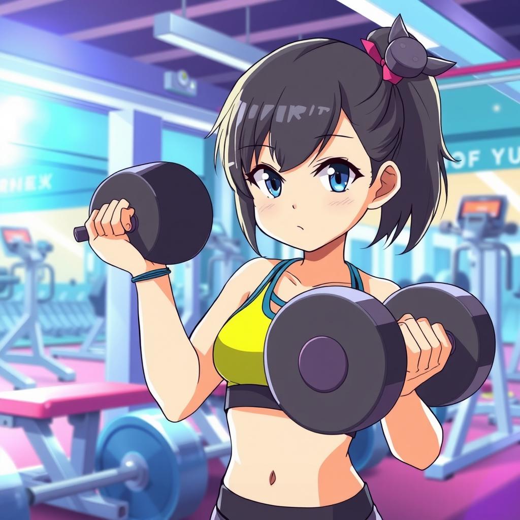 A young anime girl working out in a gym, wearing sporty workout clothes, lifting weights, and looking determined