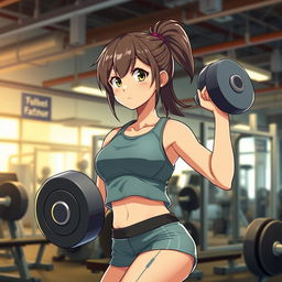 A young anime girl working out in a gym, wearing sporty workout clothes, lifting weights, and looking determined