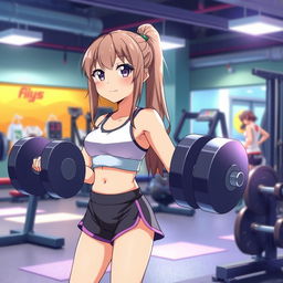 A young anime girl working out in a gym, wearing sporty workout clothes, lifting weights, and looking determined