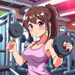 A young anime girl working out in a gym, wearing sporty workout clothes, lifting weights, and looking determined