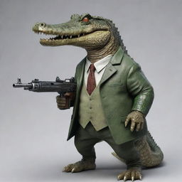 Ultra realistic crocodile exuding gangster vibes, firmly gripping a classic, vintage submachine gun