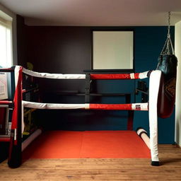 A student boxer's room, merging a study area with a compact boxing training space. Include a sturdy desk, bookshelf, laptop, and a small boxing ring with boxing gear.