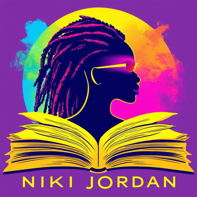 Design a vibrant, eye-catching logo for Nikki Jordan's book with bright colors, a silhouette of a woman with dreadlocks within an open book, and elements reflecting knowledge and wisdom, prominently featuring her name