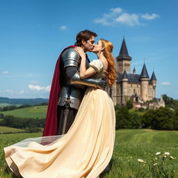 A medieval woman in a flowing gown, sharing a tender kiss with a knight in shining armor