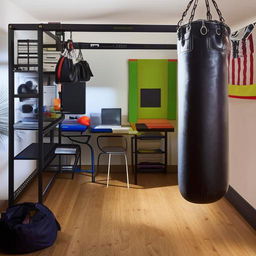 A student boxer's room, merging a study area with a compact boxing training space. Include a sturdy desk, bookshelf, laptop, and a small boxing ring with boxing gear.