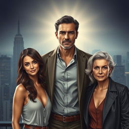 A novel cover featuring a mature and extremely handsome man standing between two women who both look like stunning popular stars