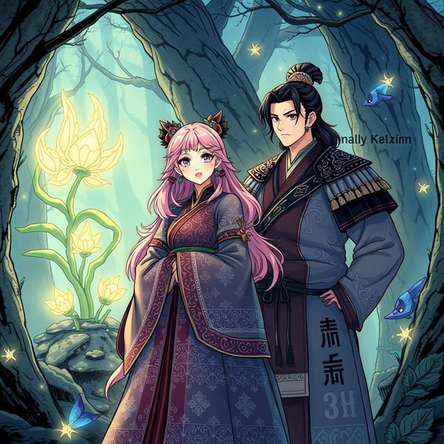 A historical fantasy scene from a manhwa featuring a girl with pink hair and a man with black hair