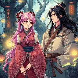 A historical fantasy scene from a manhwa featuring a girl with pink hair and a man with black hair