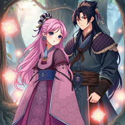 A historical fantasy scene from a manhwa featuring a girl with pink hair and a man with black hair