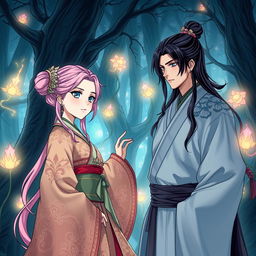 A historical fantasy scene from a manhwa featuring a girl with pink hair and a man with black hair