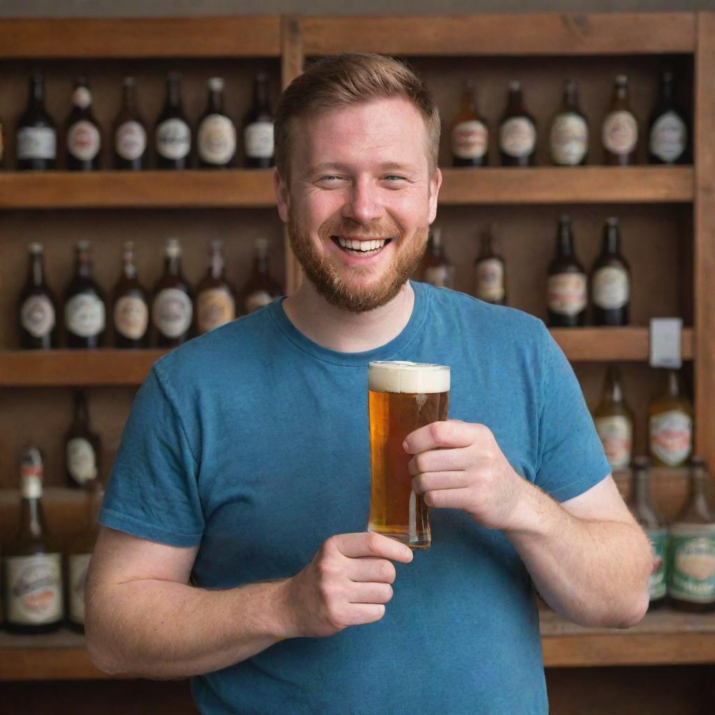 A person with a cheerful expression, holding a glass of beer by a collection of classic beer bottles.