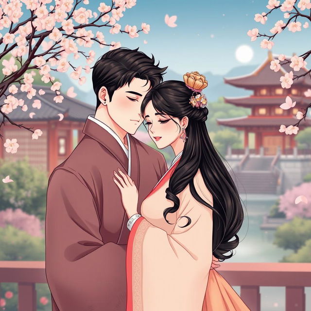 A beautifully detailed illustration of a historical manhwa love couple