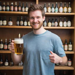 A person with a cheerful expression, holding a glass of beer by a collection of classic beer bottles.