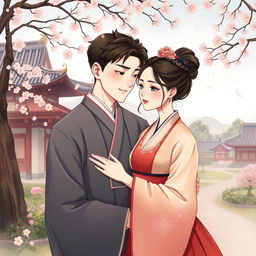 A beautifully detailed illustration of a historical manhwa love couple