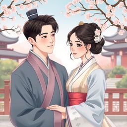 A beautifully detailed illustration of a historical manhwa love couple