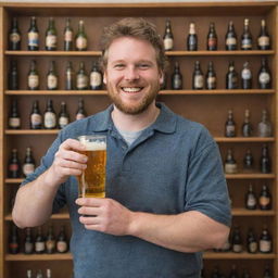 A person with a cheerful expression, holding a glass of beer by a collection of classic beer bottles.