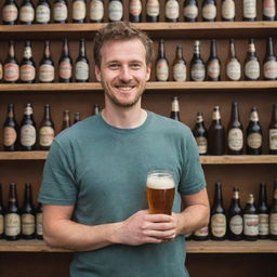 A person with a cheerful expression, holding a glass of beer by a collection of classic beer bottles.