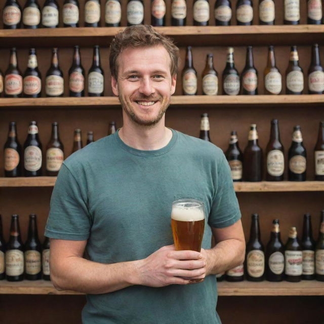 A person with a cheerful expression, holding a glass of beer by a collection of classic beer bottles.