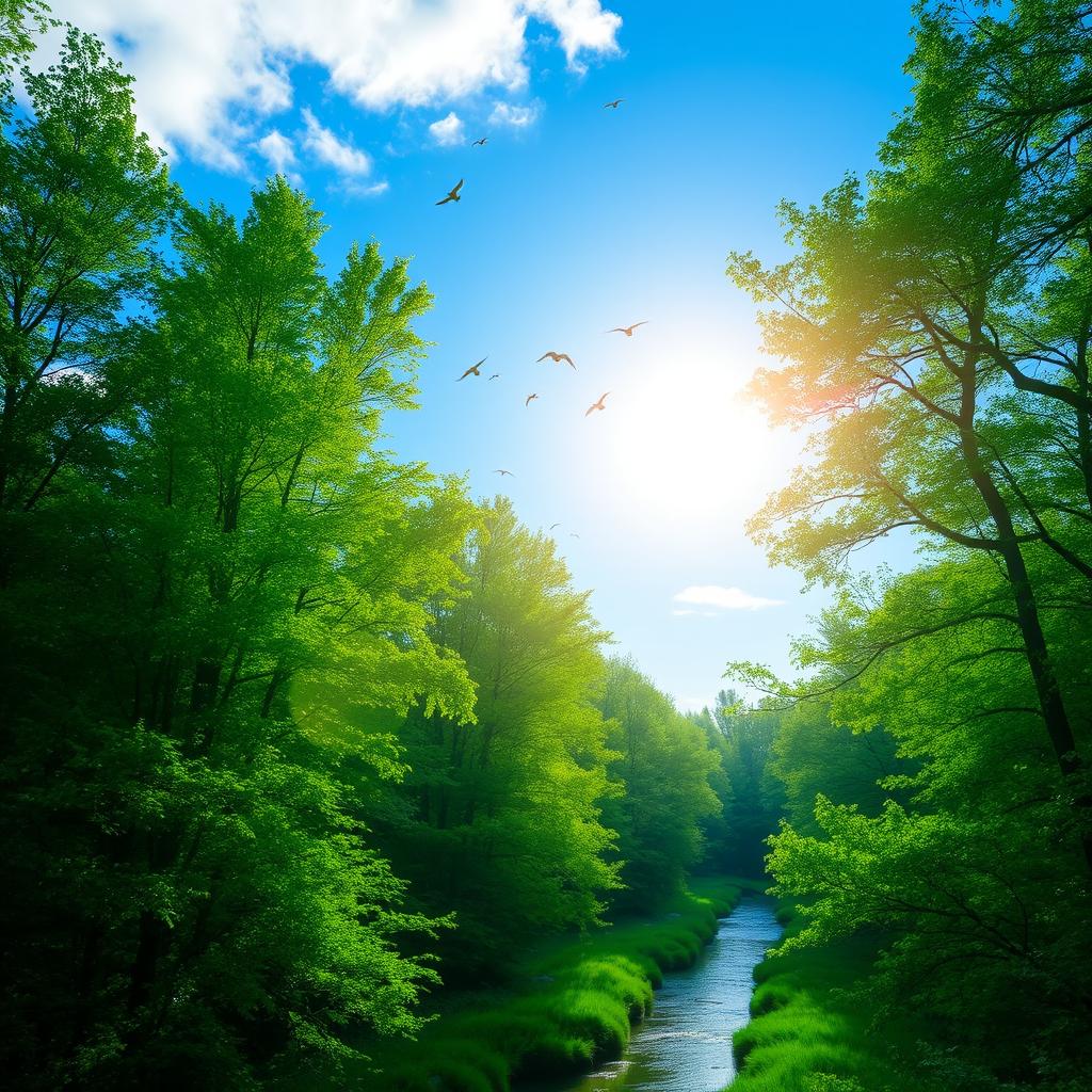 A peaceful scene of a lush green forest with a clear blue sky