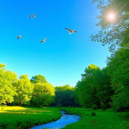 A peaceful scene of a lush green forest with a clear blue sky