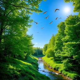 A peaceful scene of a lush green forest with a clear blue sky