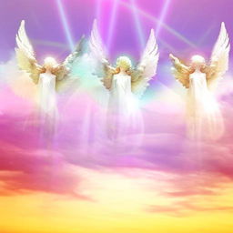 Several serene angels with golden halos and ethereal glowing wings, floating among fluffy white clouds under a radiant, pastel-colored sky.