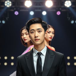 Create a book cover featuring a young and handsome Korean man wearing a black suit