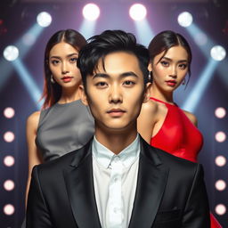 Create a book cover featuring a young and handsome Korean man wearing a black suit