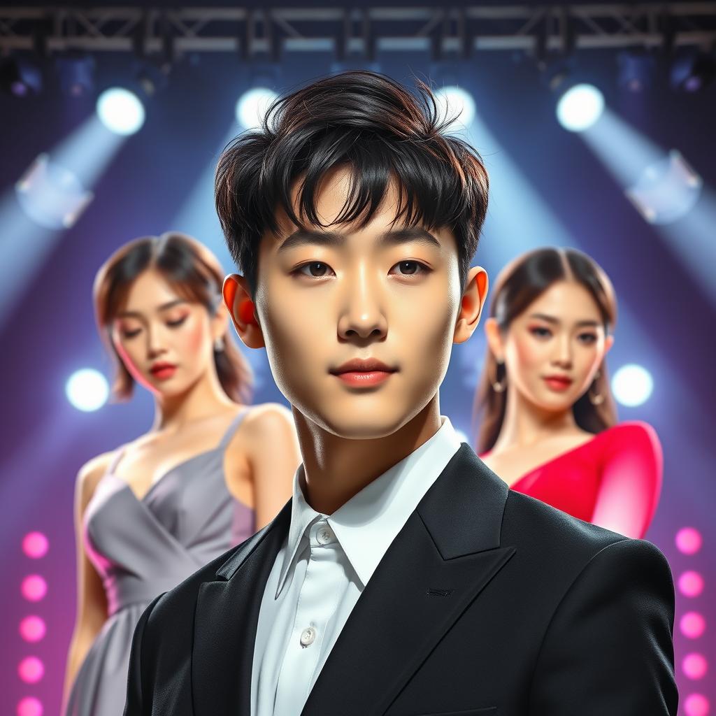 Create a book cover featuring a young and handsome Korean man wearing a black suit