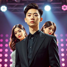 Create a book cover featuring a young and handsome Korean man wearing a black suit