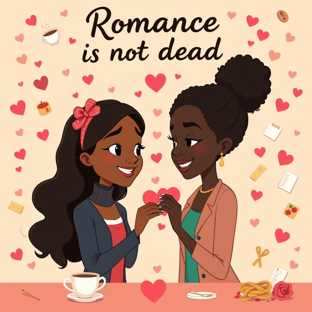 An animated romance comedy titled 'Romance is not dead' featuring a black girl and black woman