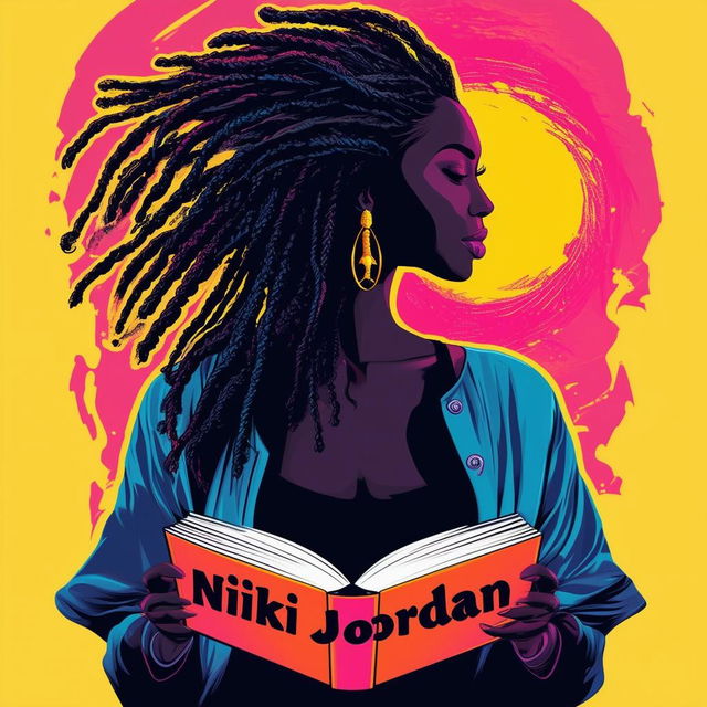 A vibrant logo for a book cover featuring a book with a silhouette of a woman with dreadlocks and the name 'Nikki Jordan'.