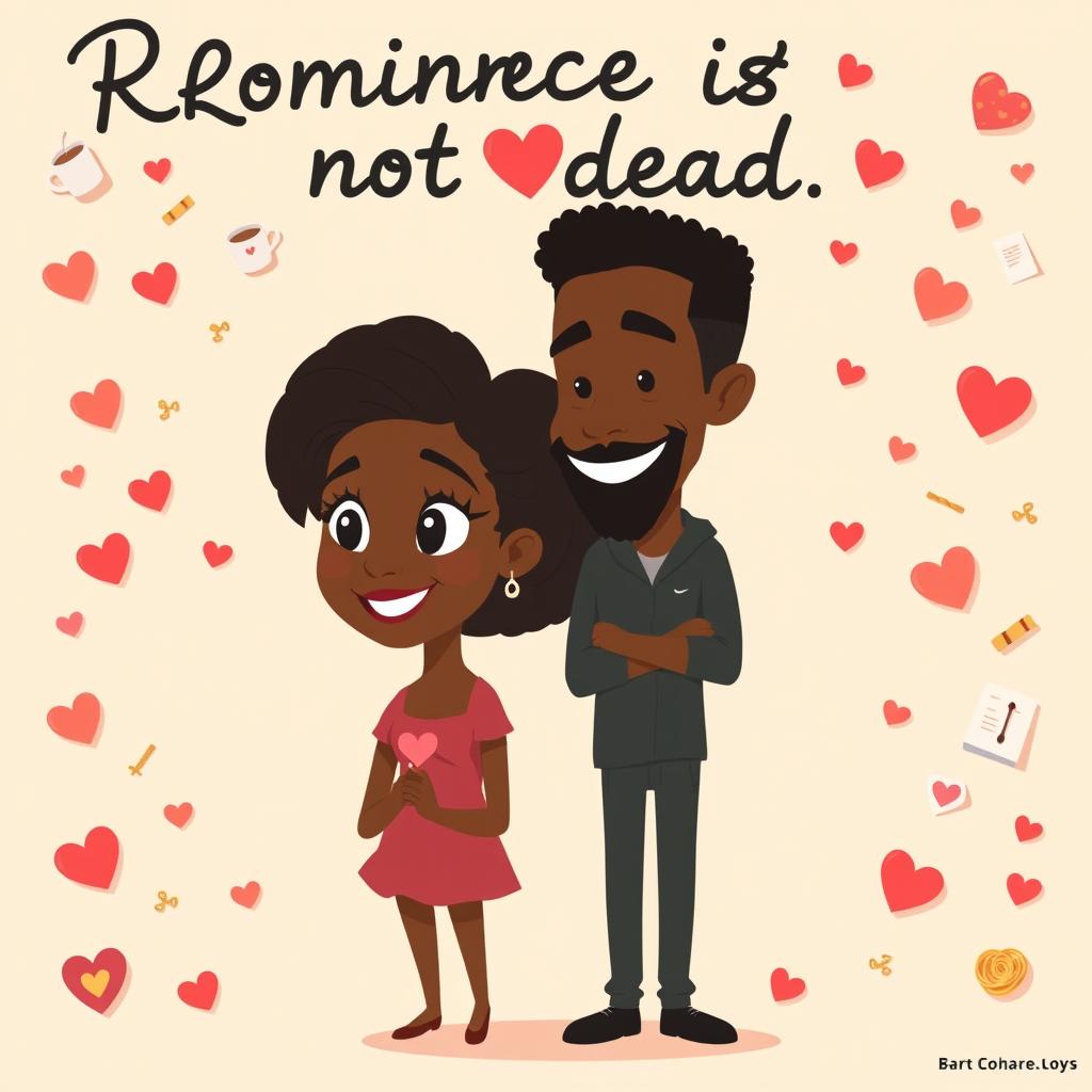 An animated romance comedy titled 'Romance is not dead' featuring a black man and black woman