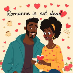 An animated romance comedy titled 'Romance is not dead' featuring a black man and black woman