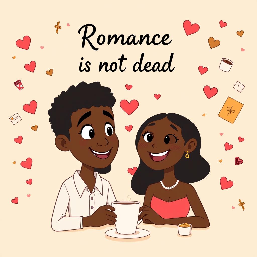 An animated romance comedy titled 'Romance is not dead' featuring a black man and black woman