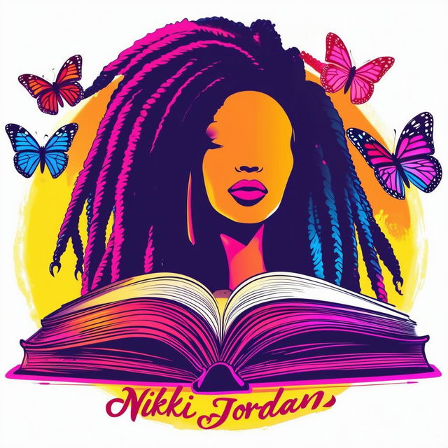 A vibrant and colorful logo for a book featuring an open book with a silhouette of a woman with dreadlocks, surrounded by butterflies, and the name 'Nikki Jordan'