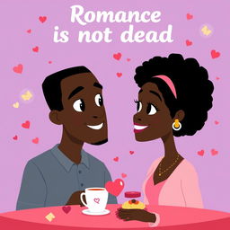 An animated romance comedy titled 'Romance is not dead' featuring a black man and black woman