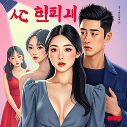 Create a novel cover featuring a very beautiful Korean woman with milky white skin, resembling a supermodel star