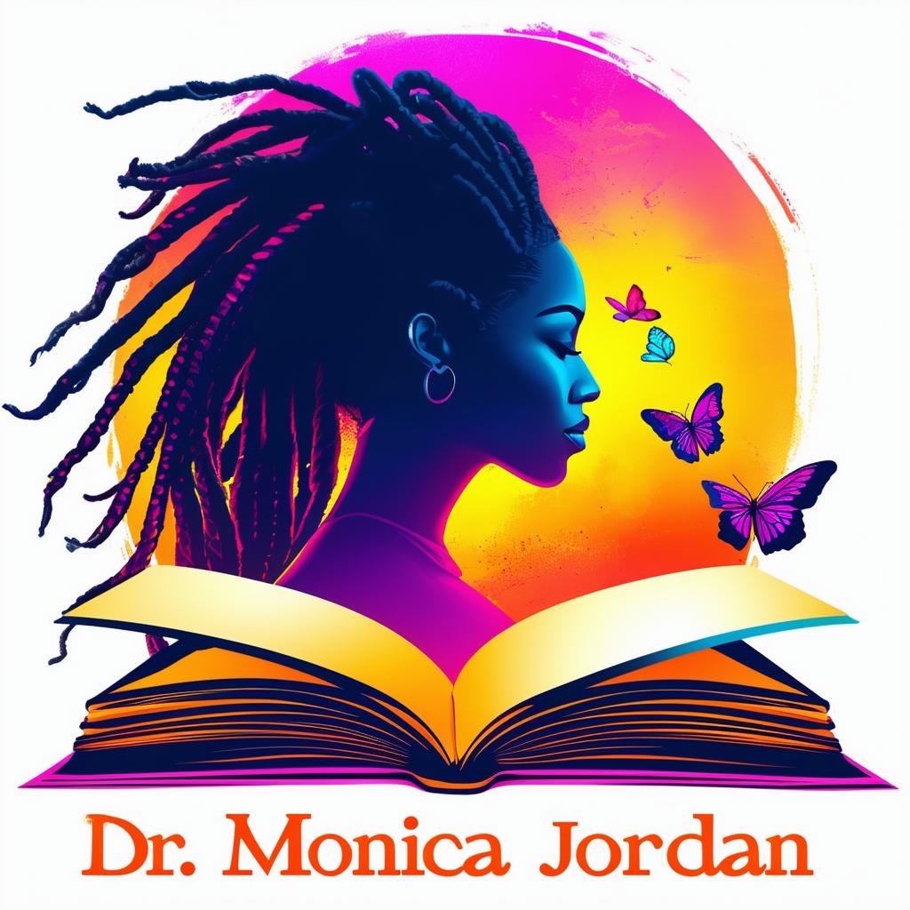 A vibrant and colorful logo for a book featuring an open book with a silhouette of a woman with dreadlocks, surrounded by butterflies, and the name 'Dr