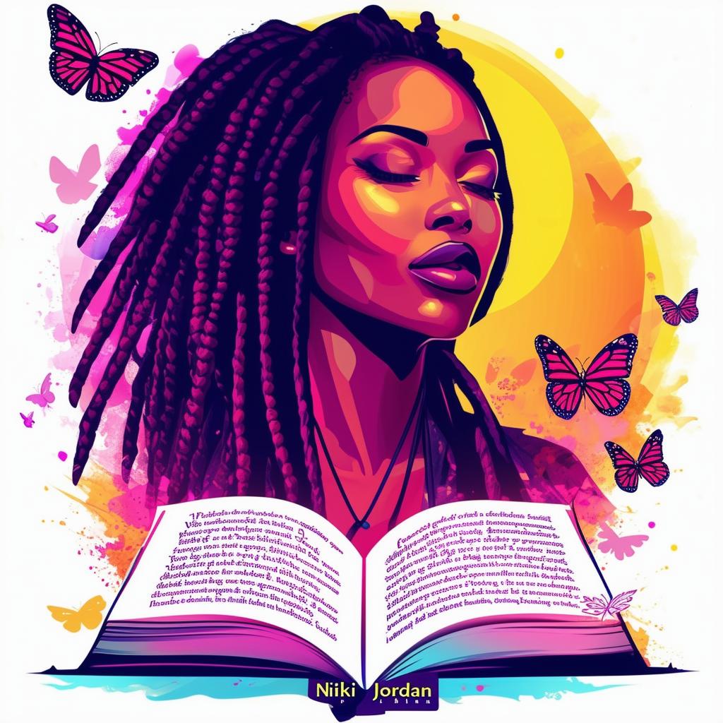 A vibrant and colorful logo for a book featuring an open book with a silhouette of a woman with dreadlocks, surrounded by butterflies, and the names 'Nikki Jordan' and 'Jordan Publishing'