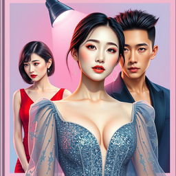 Create a novel cover featuring a very beautiful Korean woman with milky white skin, resembling a supermodel star