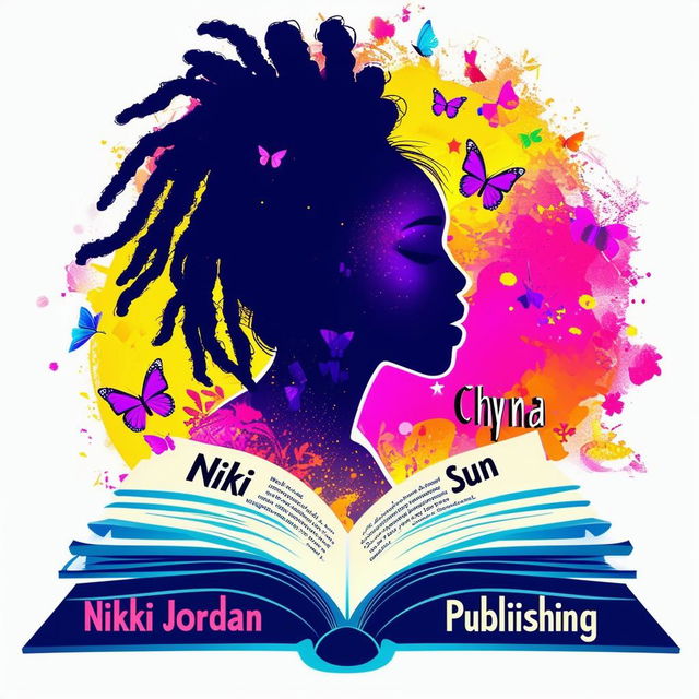 A vibrant and colorful logo for a book featuring an open book with a silhouette of a woman with dreadlocks, surrounded by butterflies, and the names 'Nikki Jordan' and 'Chyna Sun Publishing'