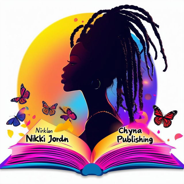 A vibrant and colorful logo for a book featuring an open book with a silhouette of a woman with dreadlocks, surrounded by butterflies, and the names 'Nikki Jordan' and 'Chyna Sun Publishing'