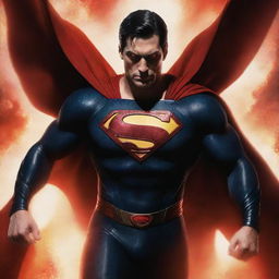 Superman with elements of a devil like fiery red eyes, dark horns and a caped silhouette, embodying both heroism and menace.